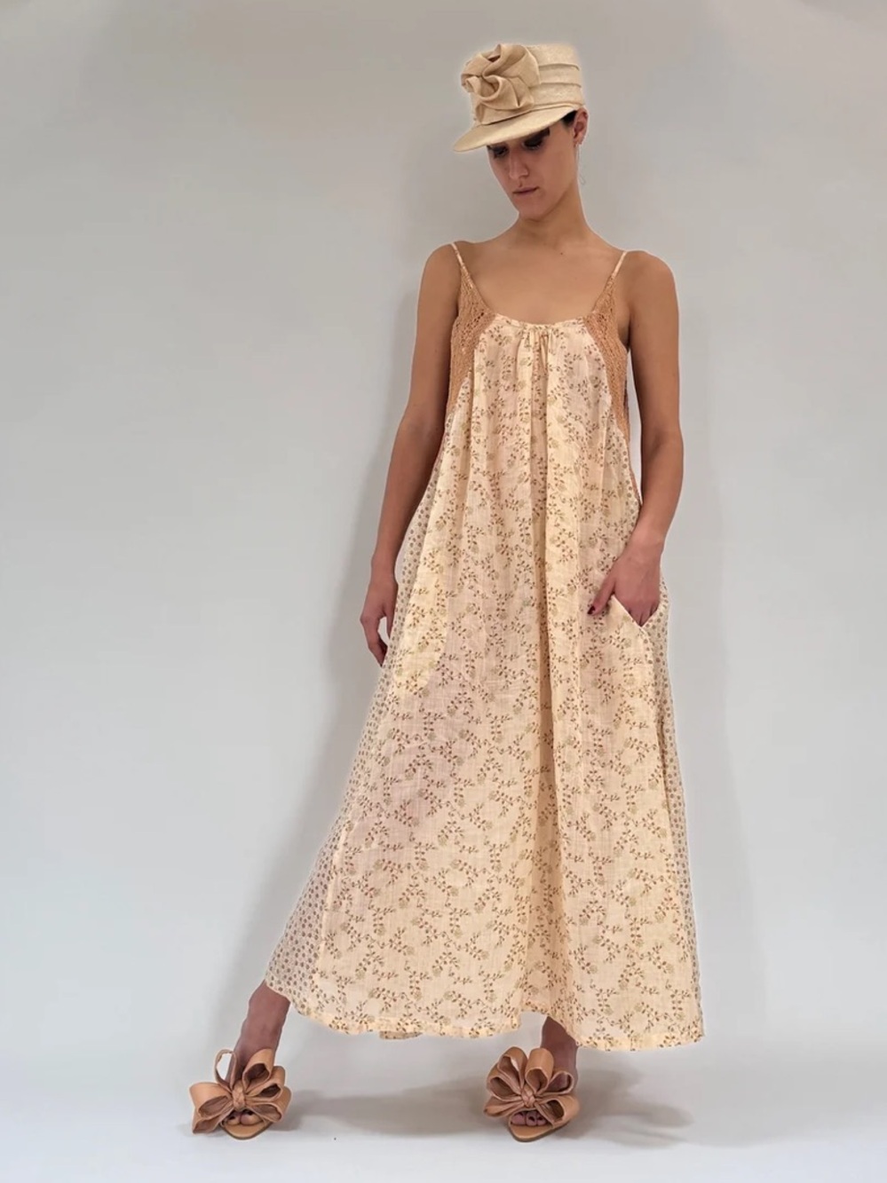 Yvonne s Slip Lace Dress Womens Size Large Linen Floral Print Handmade Boho Maxi